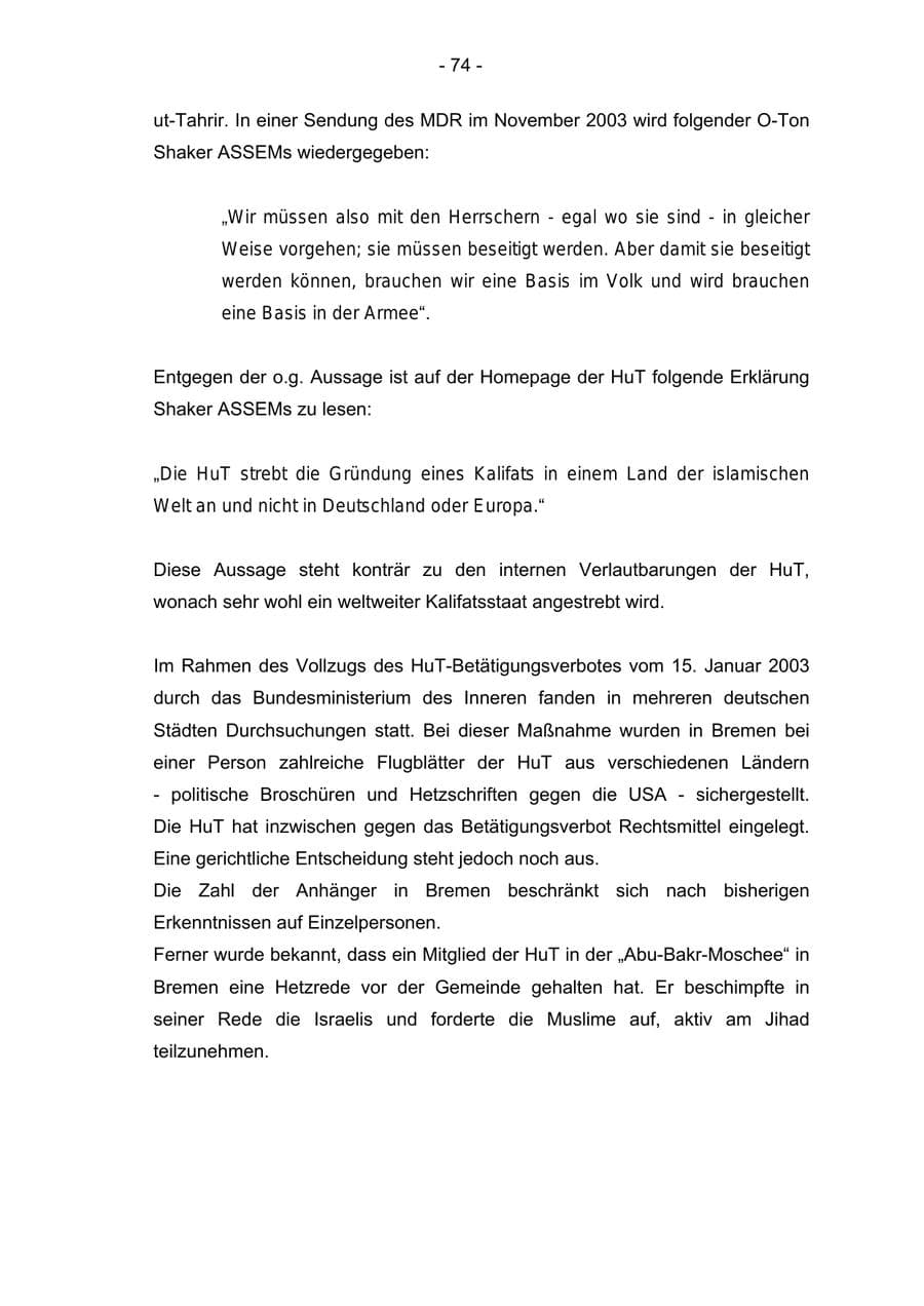 Seite 74 des Verfassungsschutzbericht 2004 Bremen