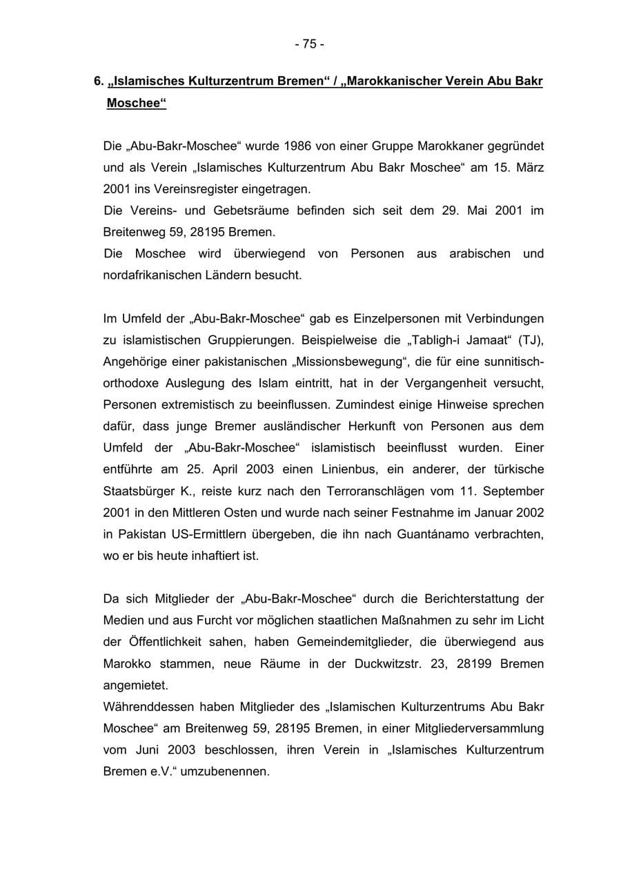 Seite 75 des Verfassungsschutzbericht 2004 Bremen