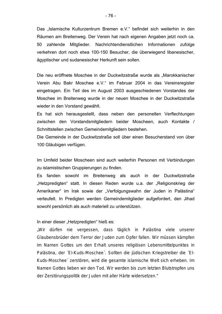 Seite 76 des Verfassungsschutzbericht 2004 Bremen