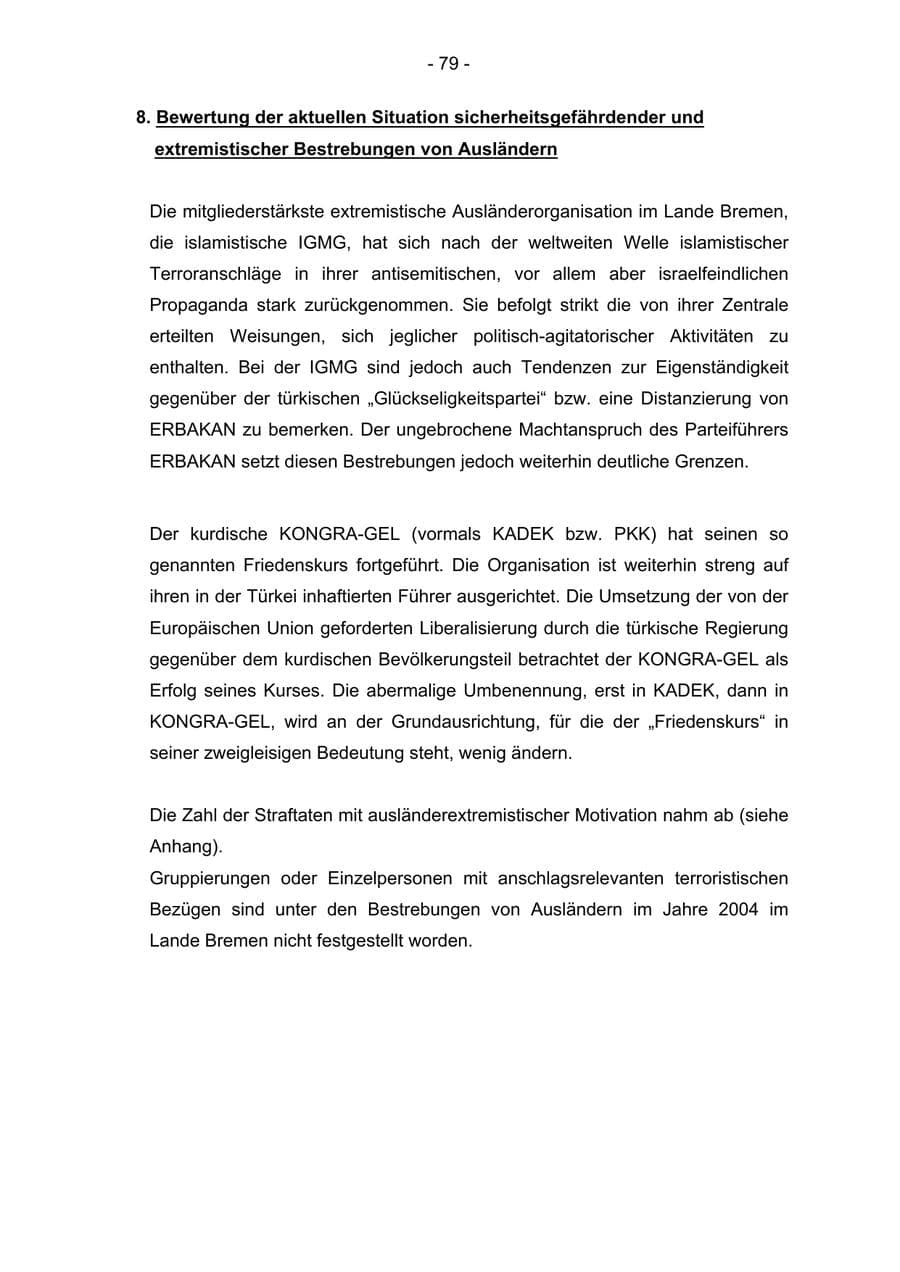 Seite 79 des Verfassungsschutzbericht 2004 Bremen