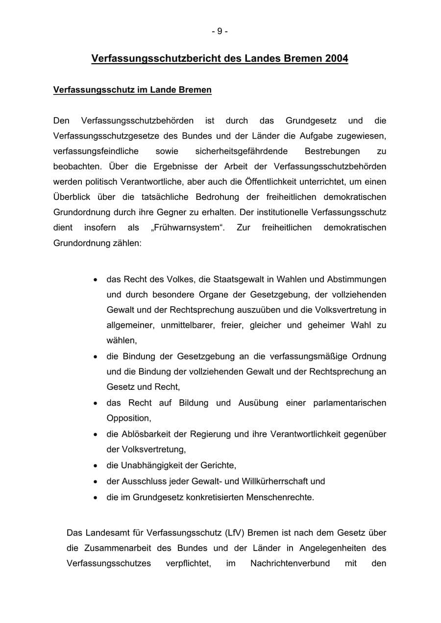 Seite 9 des Verfassungsschutzbericht 2004 Bremen