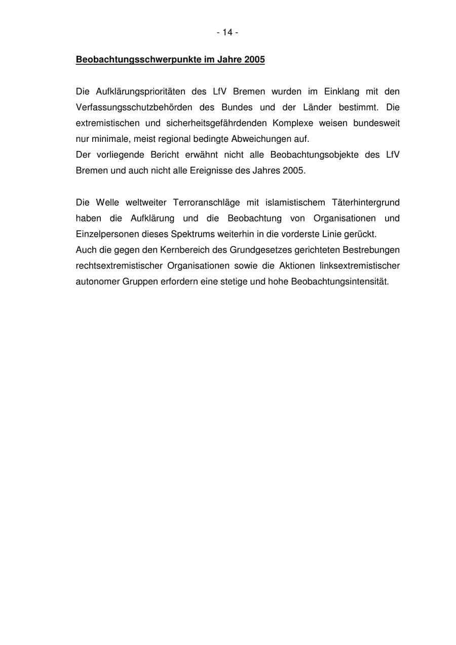 Seite 14 des Verfassungsschutzbericht 2005 Bremen