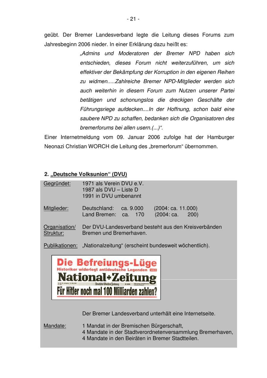 Seite 21 des Verfassungsschutzbericht 2005 Bremen
