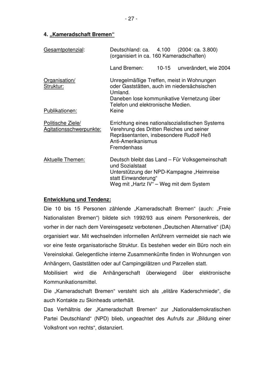 Seite 27 des Verfassungsschutzbericht 2005 Bremen