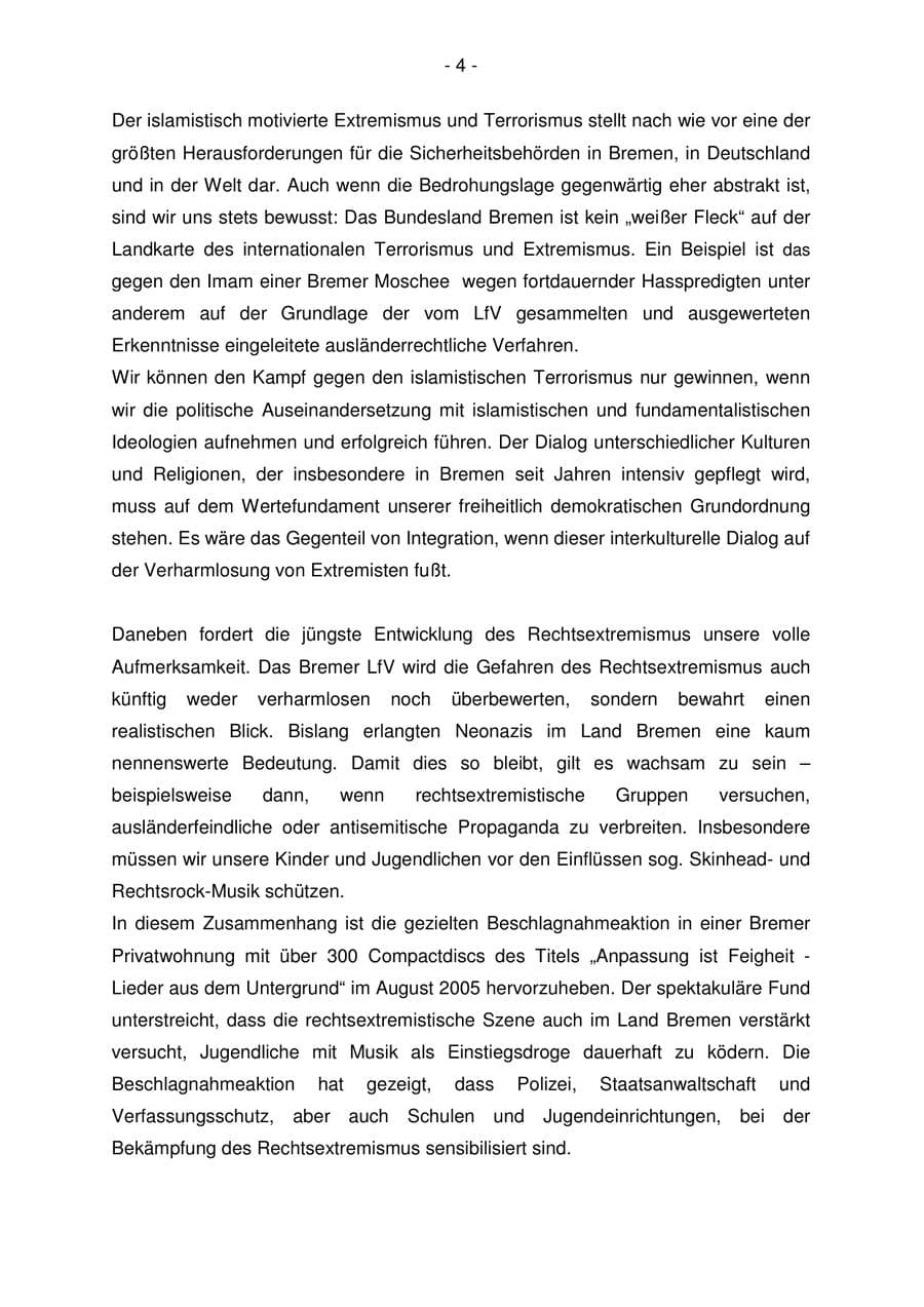 Seite 4 des Verfassungsschutzbericht 2005 Bremen