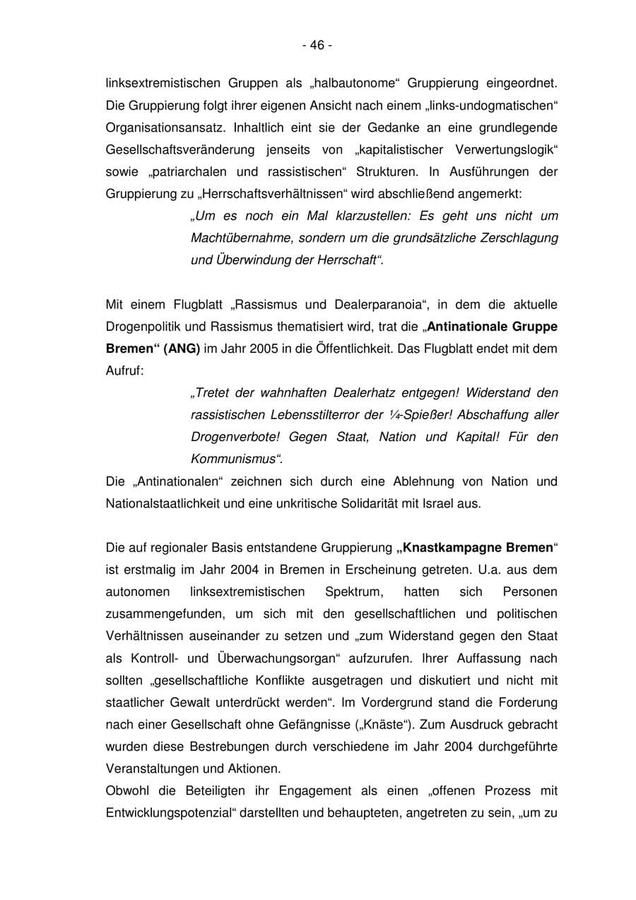Seite 46 des Verfassungsschutzbericht 2005 Bremen
