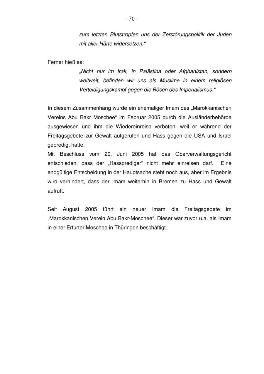 Seite 70 des Verfassungsschutzbericht 2005 Bremen