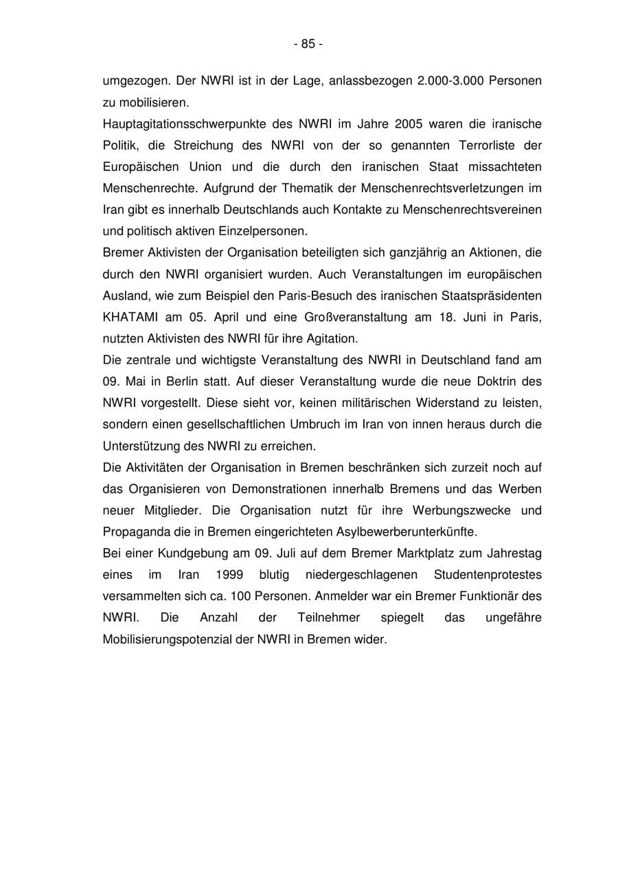 Seite 85 des Verfassungsschutzbericht 2005 Bremen