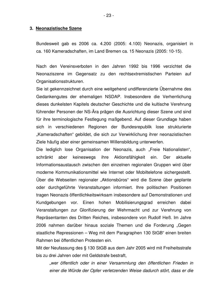 Seite 23 des Verfassungsschutzbericht 2006 Bremen