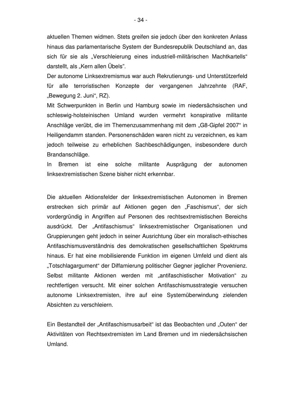 Seite 34 des Verfassungsschutzbericht 2006 Bremen