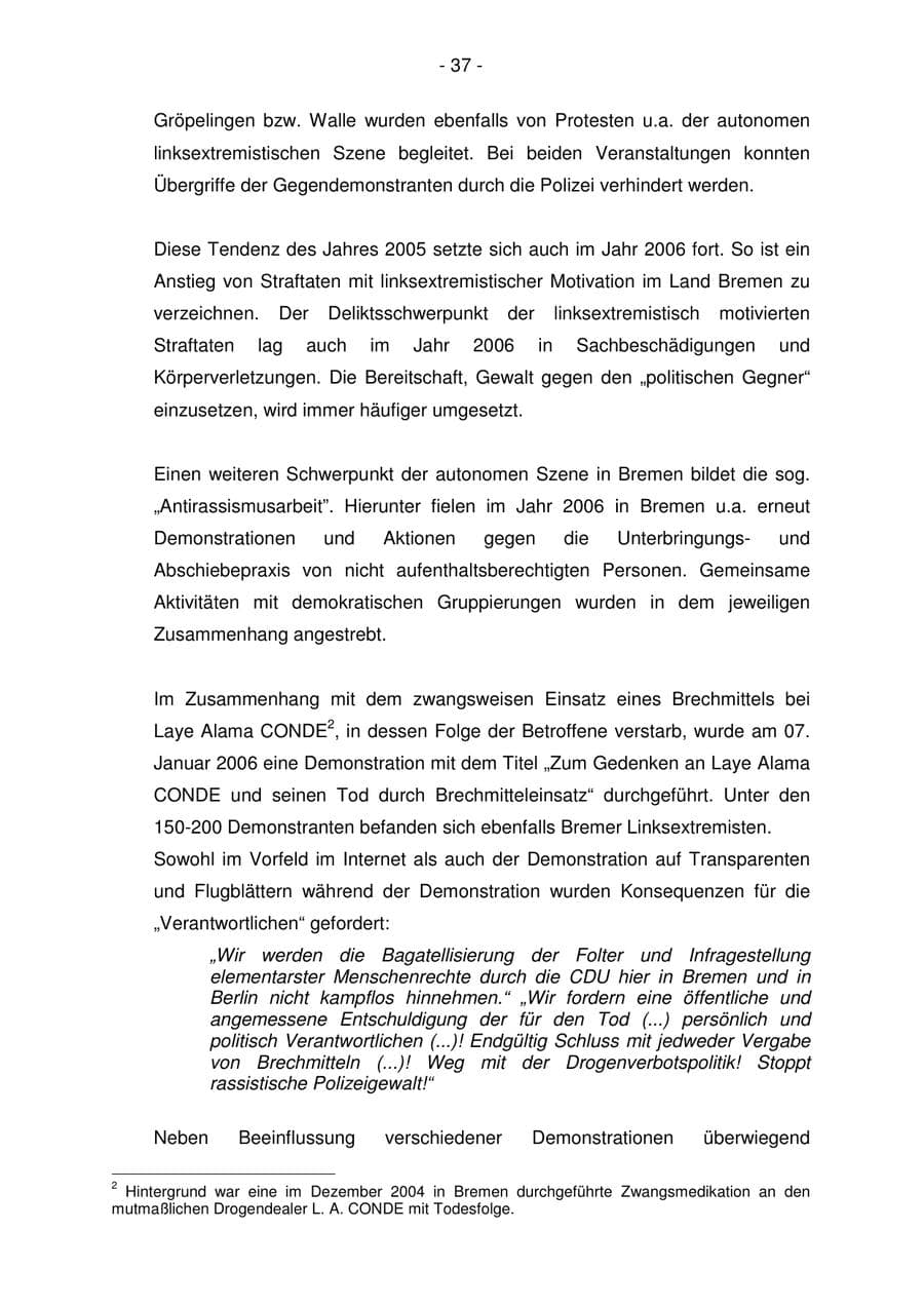 Seite 37 des Verfassungsschutzbericht 2006 Bremen