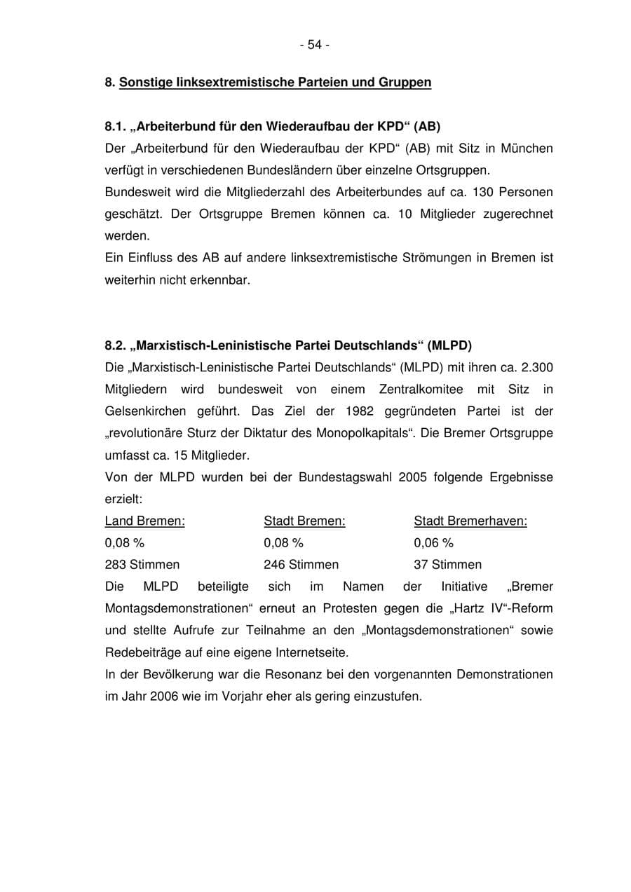 Seite 54 des Verfassungsschutzbericht 2006 Bremen