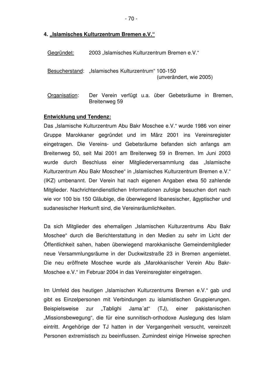 Seite 70 des Verfassungsschutzbericht 2006 Bremen