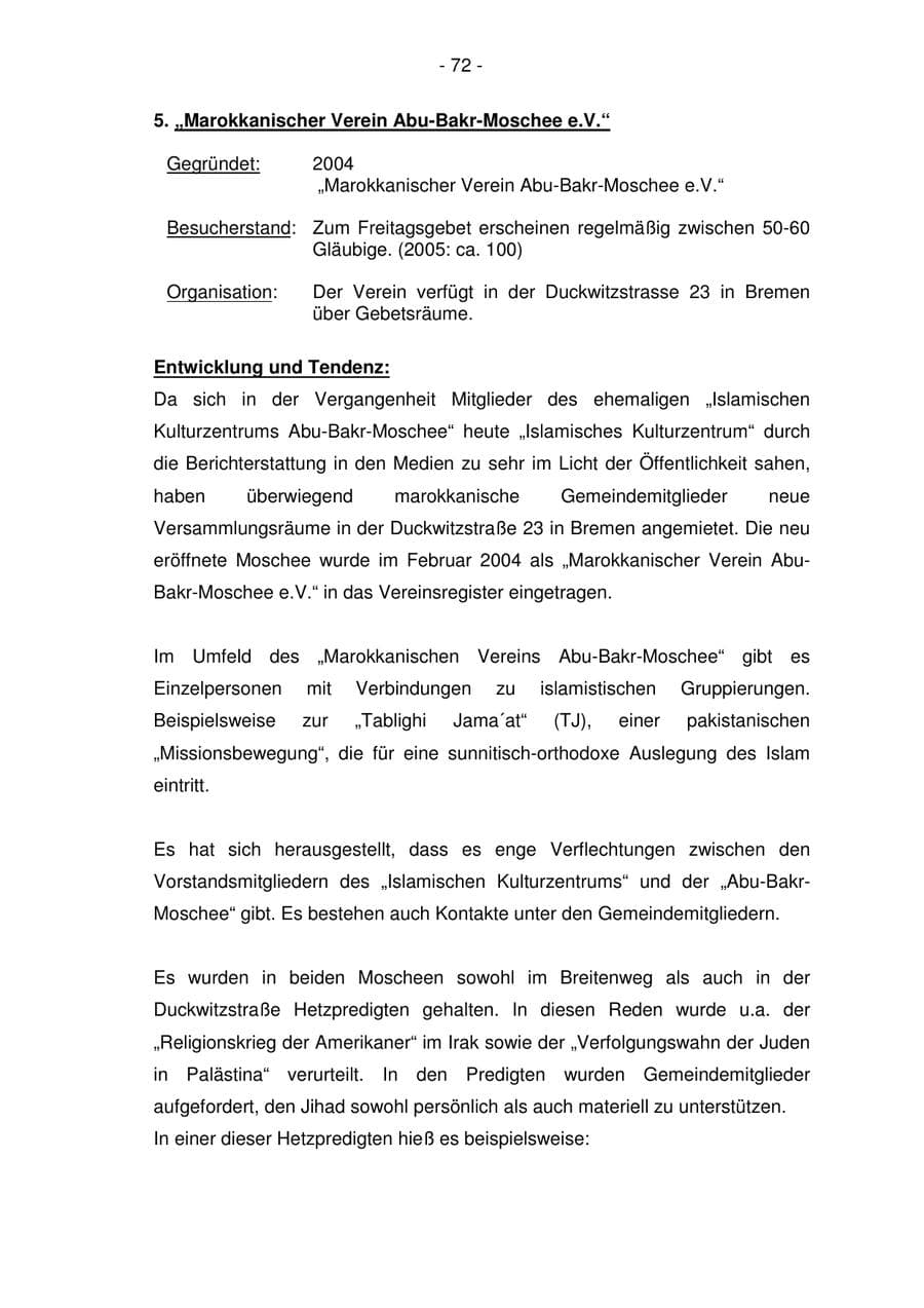 Seite 72 des Verfassungsschutzbericht 2006 Bremen
