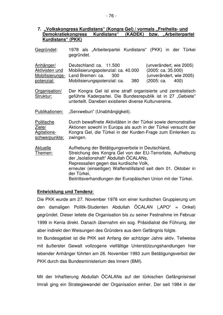 Seite 76 des Verfassungsschutzbericht 2006 Bremen