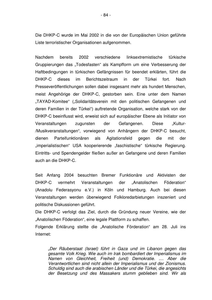Seite 84 des Verfassungsschutzbericht 2006 Bremen