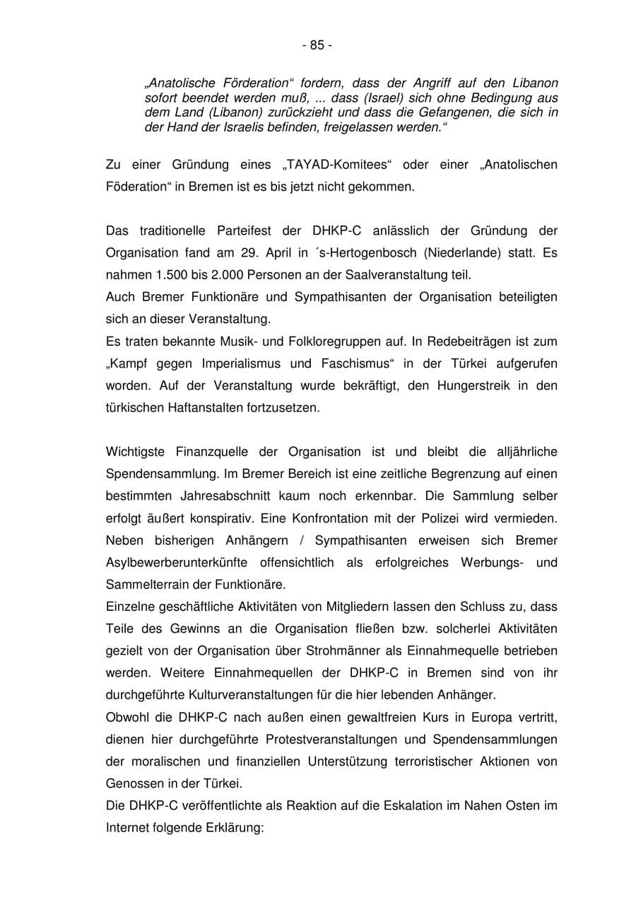 Seite 85 des Verfassungsschutzbericht 2006 Bremen