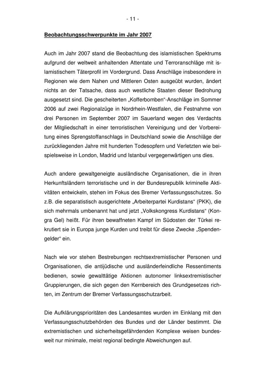 Seite 11 des Verfassungsschutzbericht 2007 Bremen