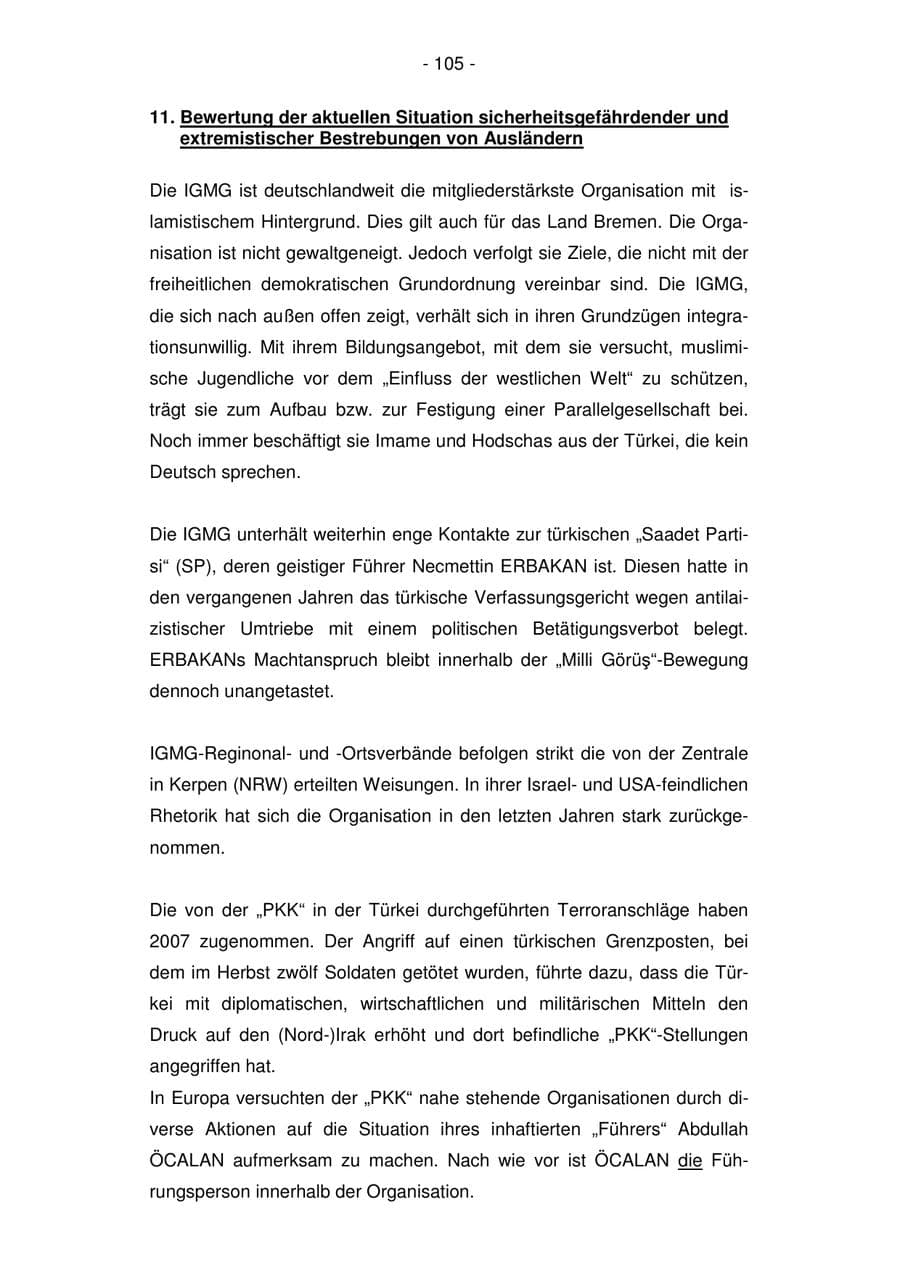 Seite 105 des Verfassungsschutzbericht 2007 Bremen