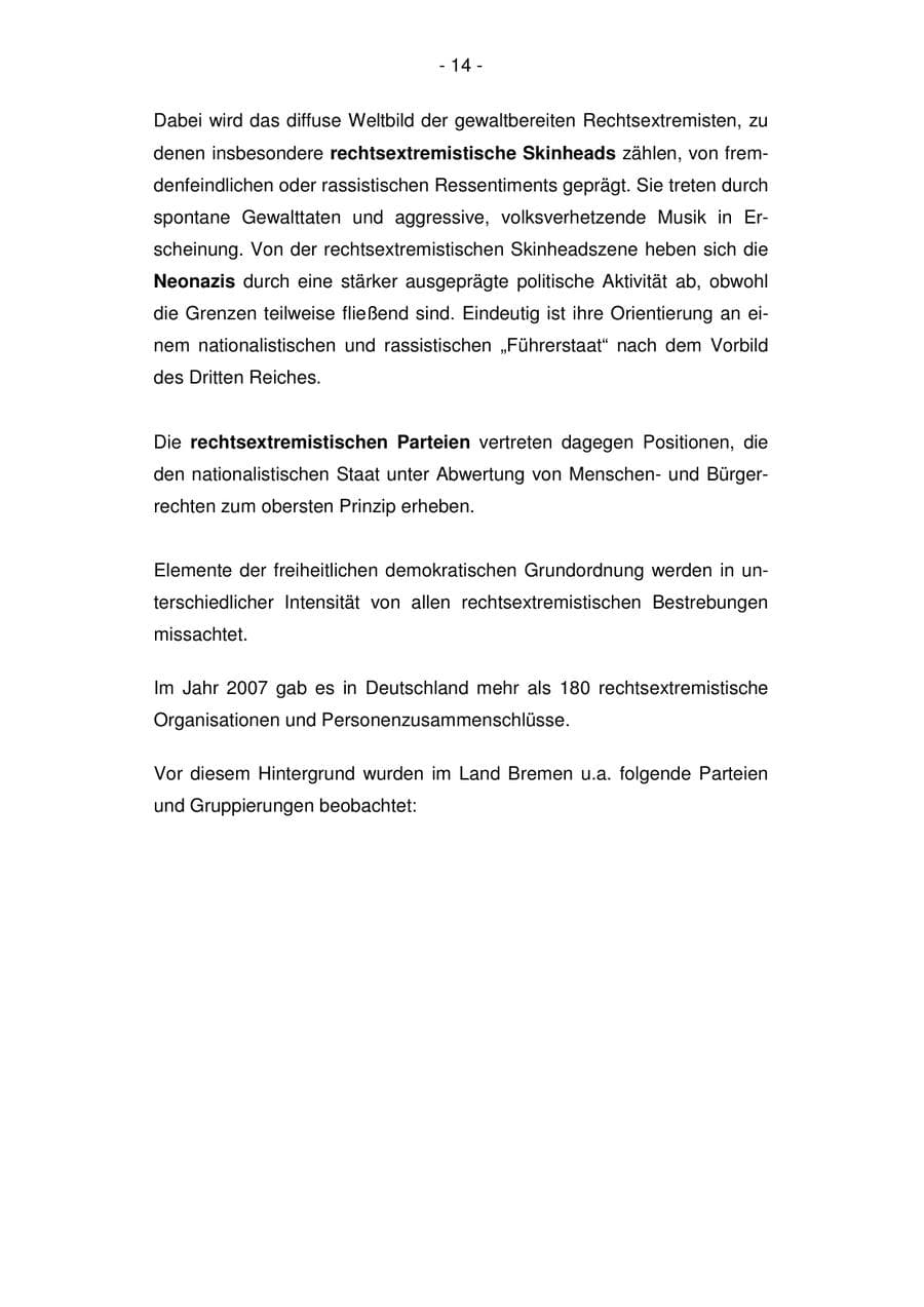 Seite 14 des Verfassungsschutzbericht 2007 Bremen
