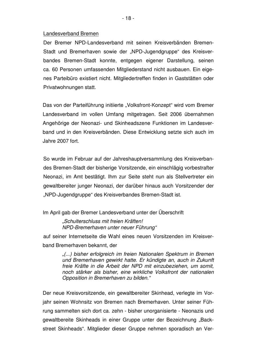 Seite 18 des Verfassungsschutzbericht 2007 Bremen