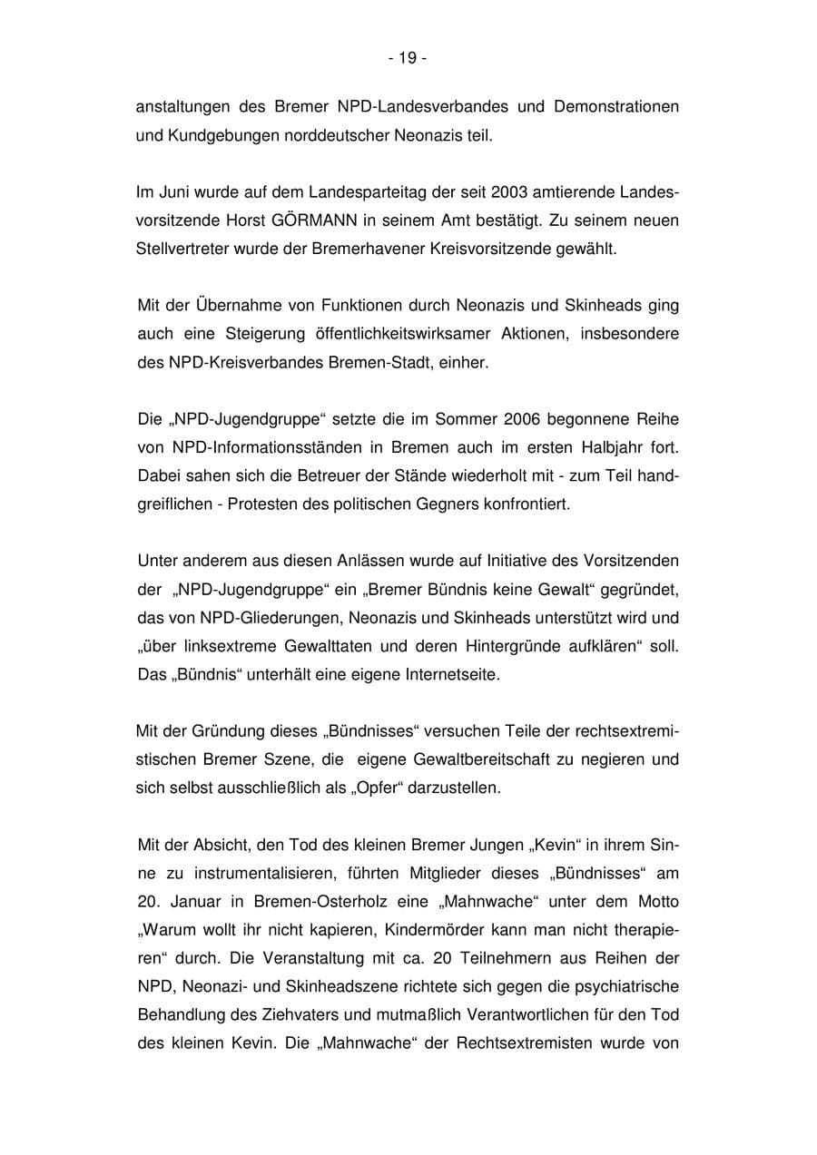 Seite 19 des Verfassungsschutzbericht 2007 Bremen