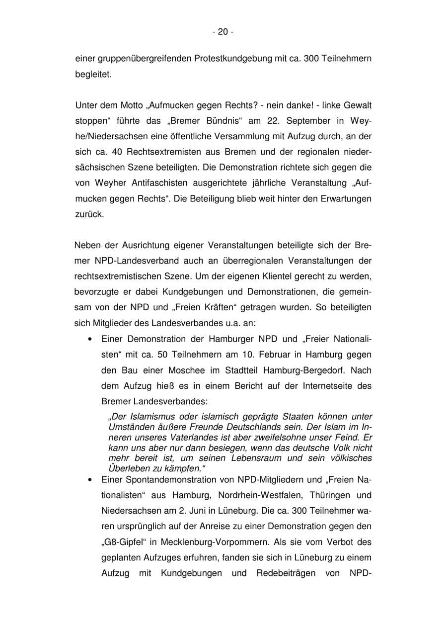 Seite 20 des Verfassungsschutzbericht 2007 Bremen