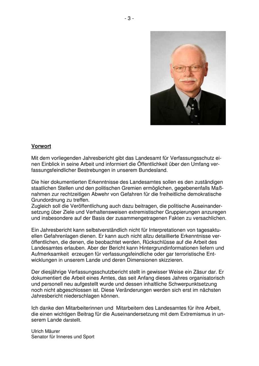 Seite 3 des Verfassungsschutzbericht 2007 Bremen