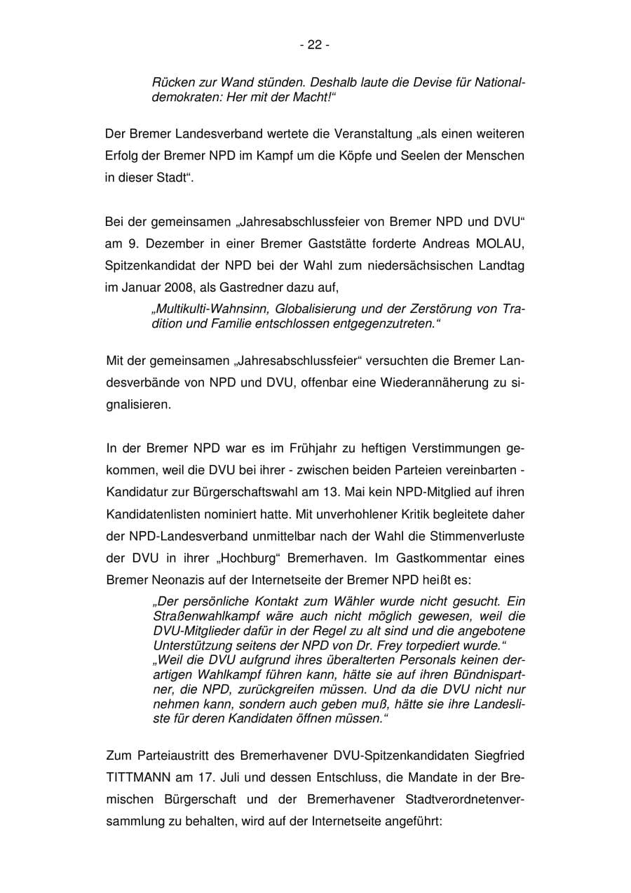 Seite 22 des Verfassungsschutzbericht 2007 Bremen