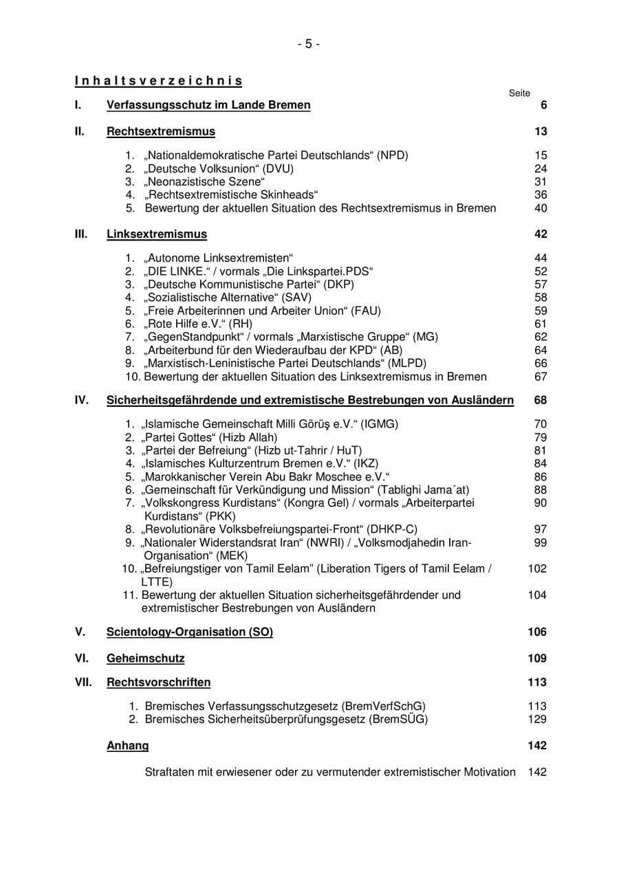 Seite 5 des Verfassungsschutzbericht 2007 Bremen