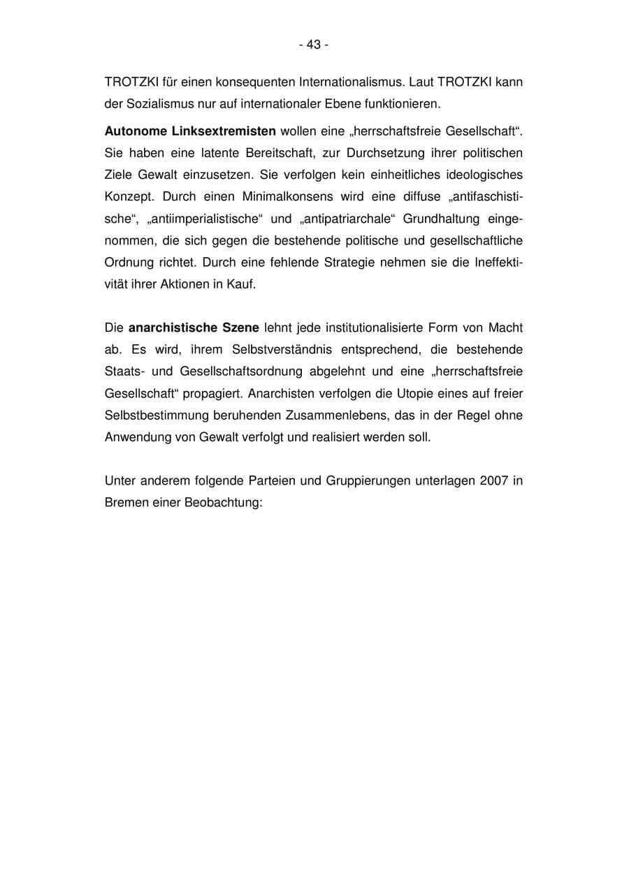 Seite 43 des Verfassungsschutzbericht 2007 Bremen