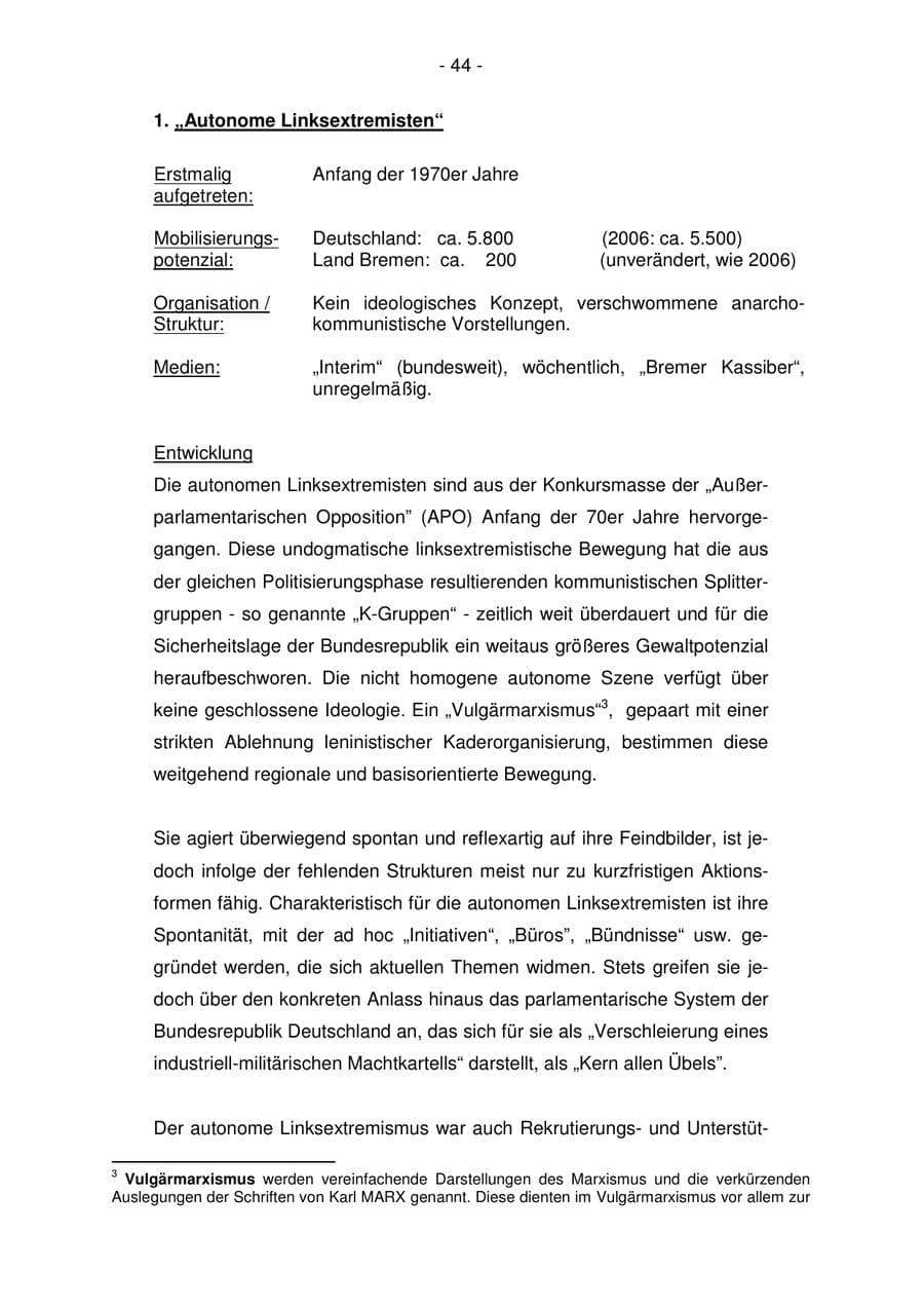 Seite 44 des Verfassungsschutzbericht 2007 Bremen
