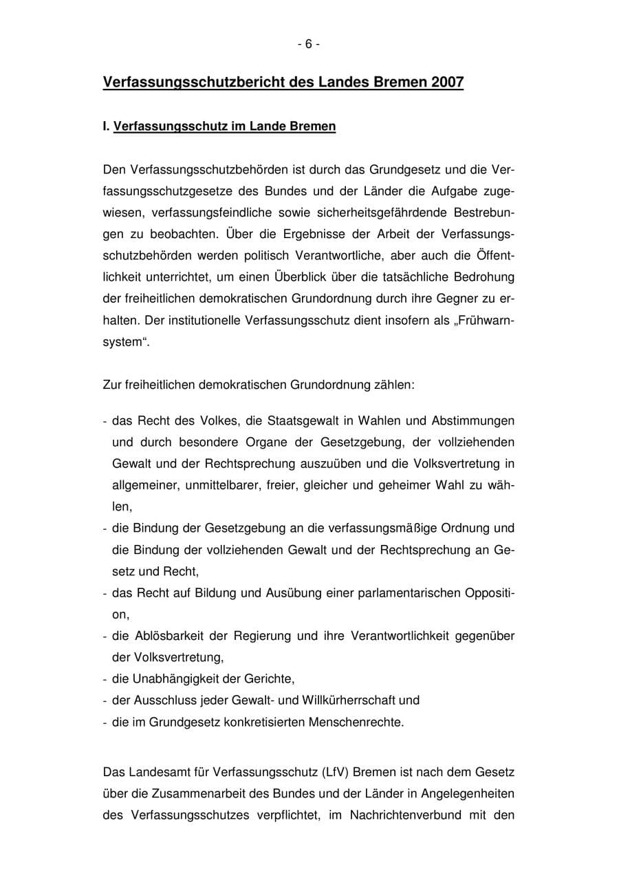 Seite 6 des Verfassungsschutzbericht 2007 Bremen
