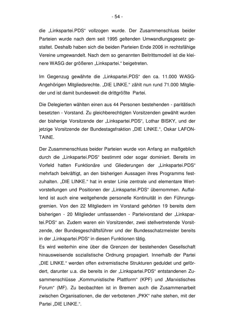 Seite 54 des Verfassungsschutzbericht 2007 Bremen