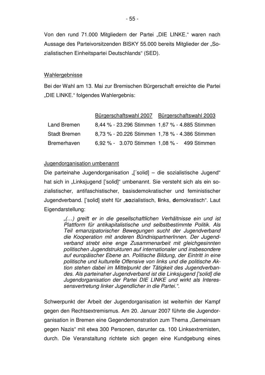 Seite 55 des Verfassungsschutzbericht 2007 Bremen