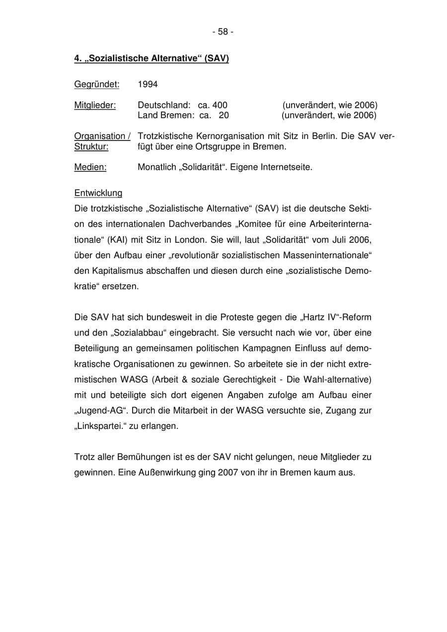 Seite 58 des Verfassungsschutzbericht 2007 Bremen