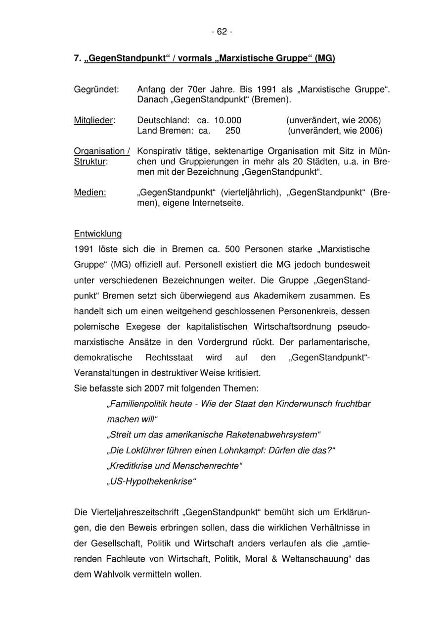 Seite 62 des Verfassungsschutzbericht 2007 Bremen