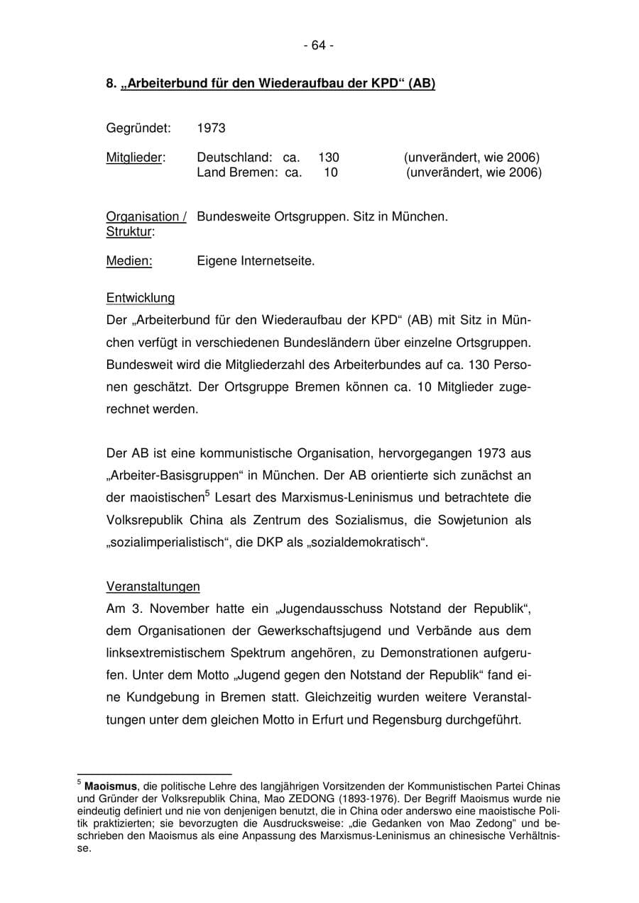 Seite 64 des Verfassungsschutzbericht 2007 Bremen