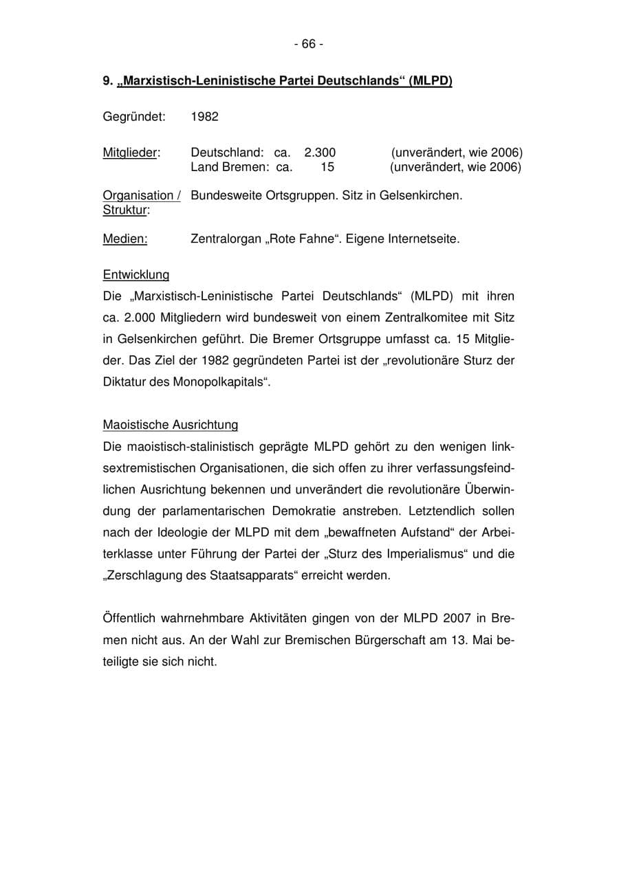 Seite 66 des Verfassungsschutzbericht 2007 Bremen