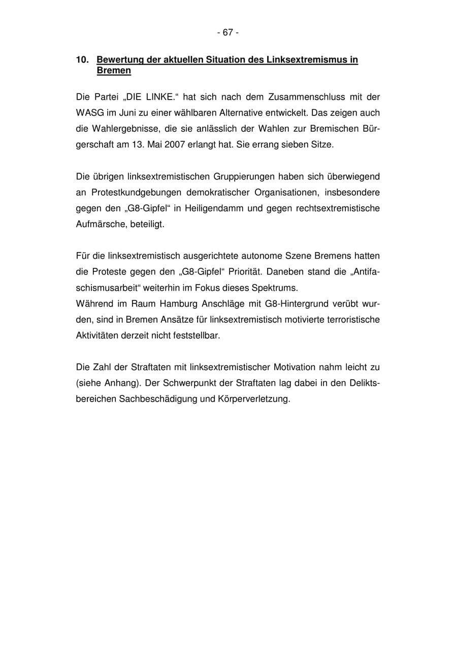 Seite 67 des Verfassungsschutzbericht 2007 Bremen