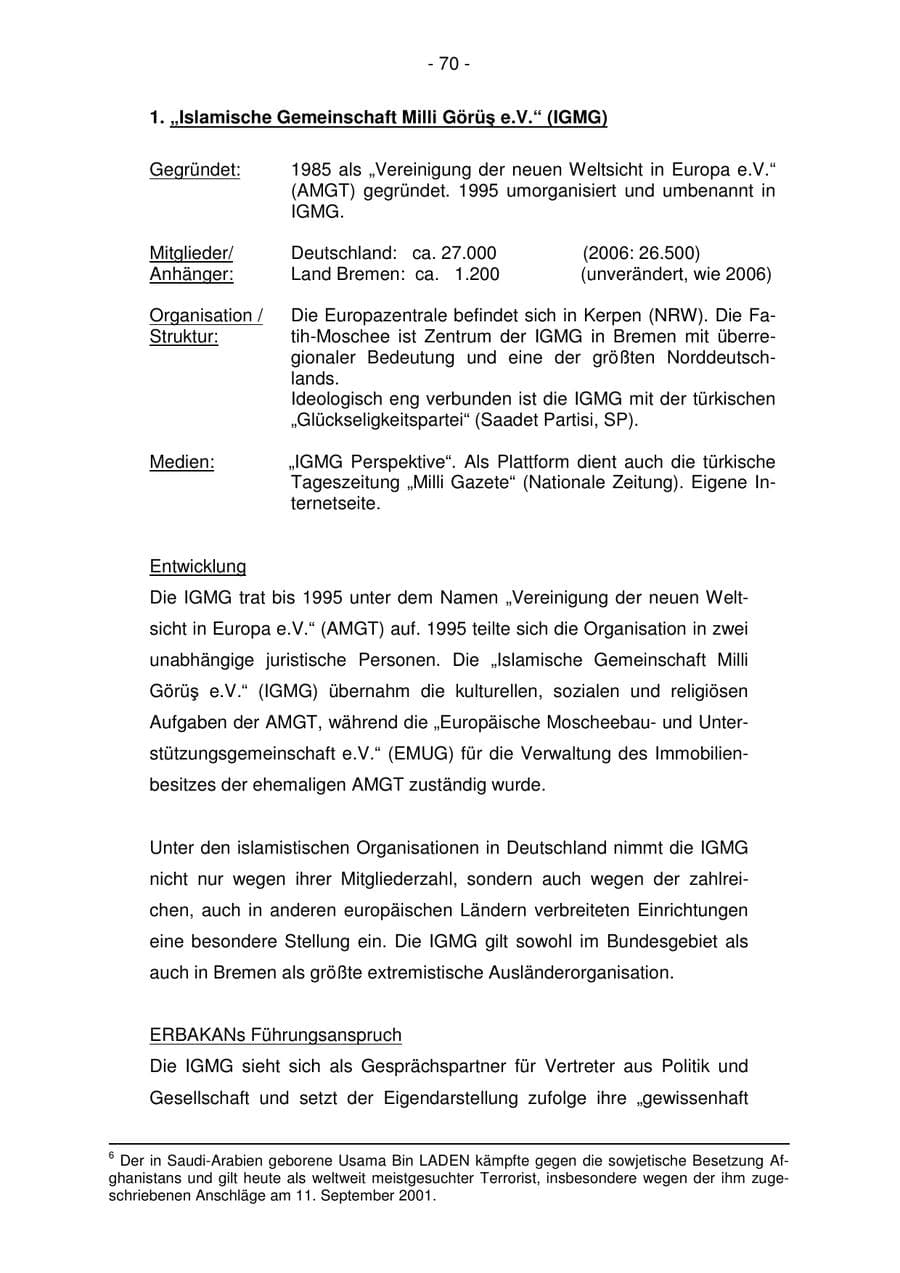Seite 70 des Verfassungsschutzbericht 2007 Bremen