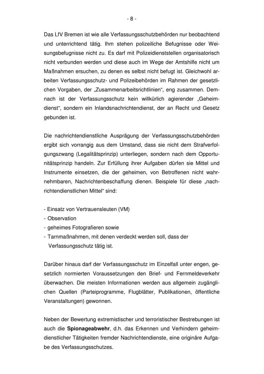 Seite 8 des Verfassungsschutzbericht 2007 Bremen