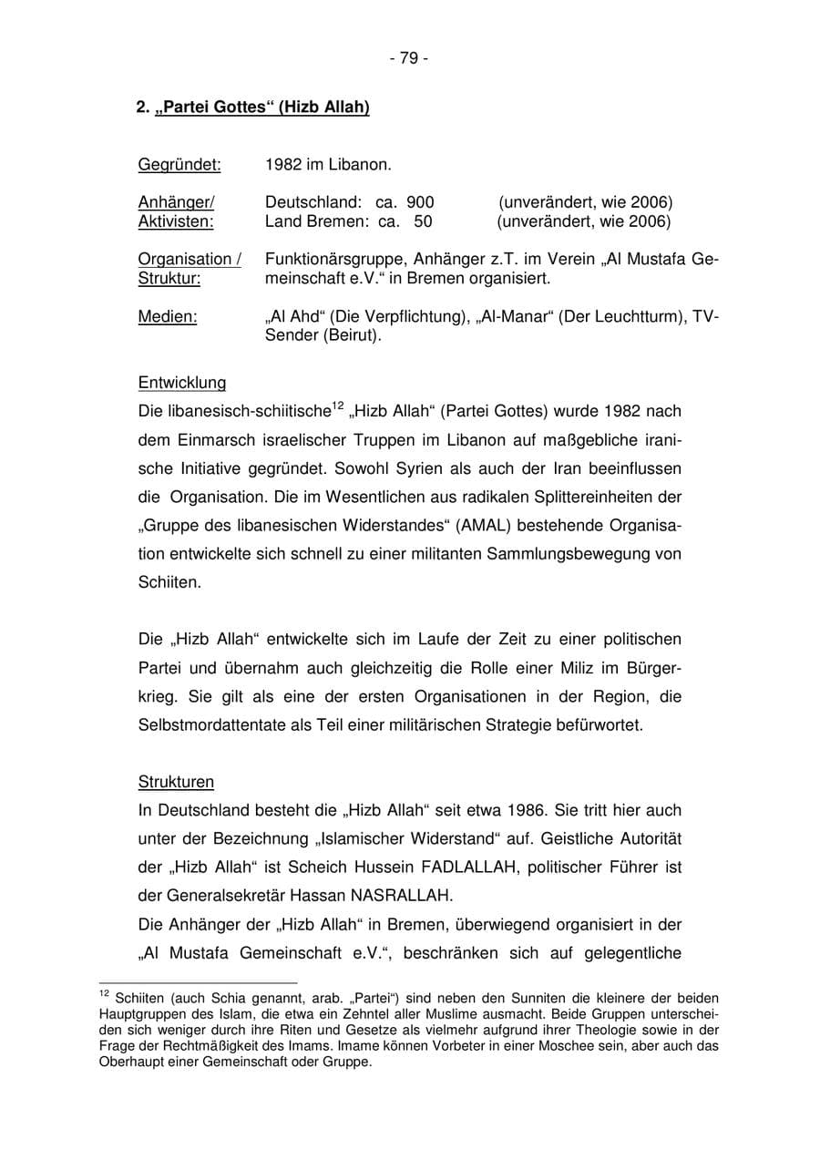Seite 79 des Verfassungsschutzbericht 2007 Bremen