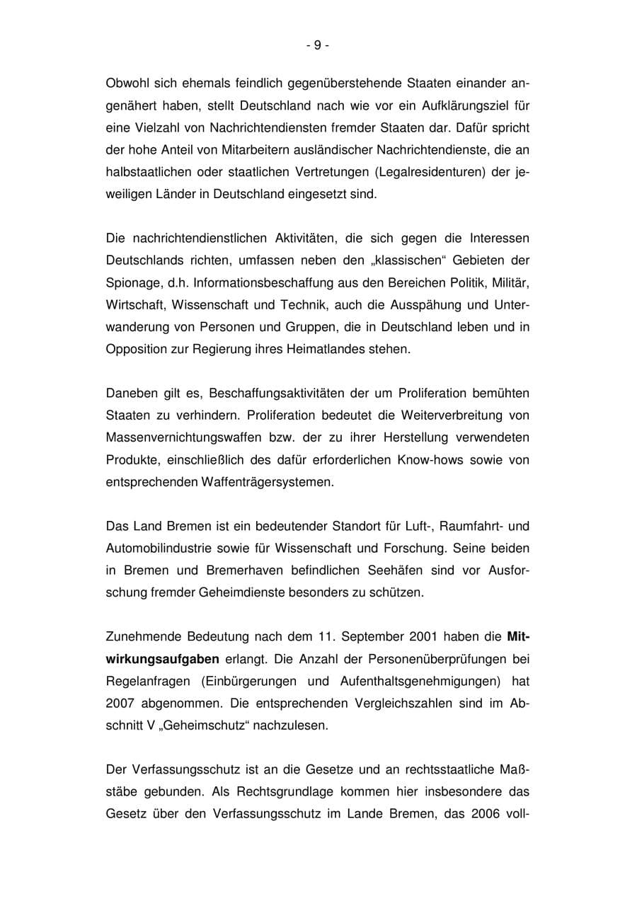 Seite 9 des Verfassungsschutzbericht 2007 Bremen