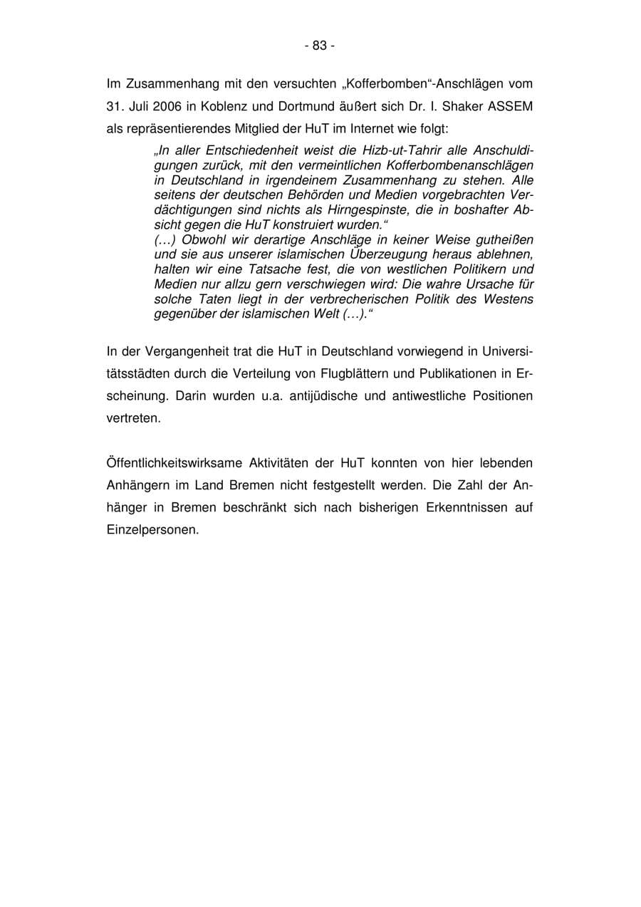 Seite 83 des Verfassungsschutzbericht 2007 Bremen