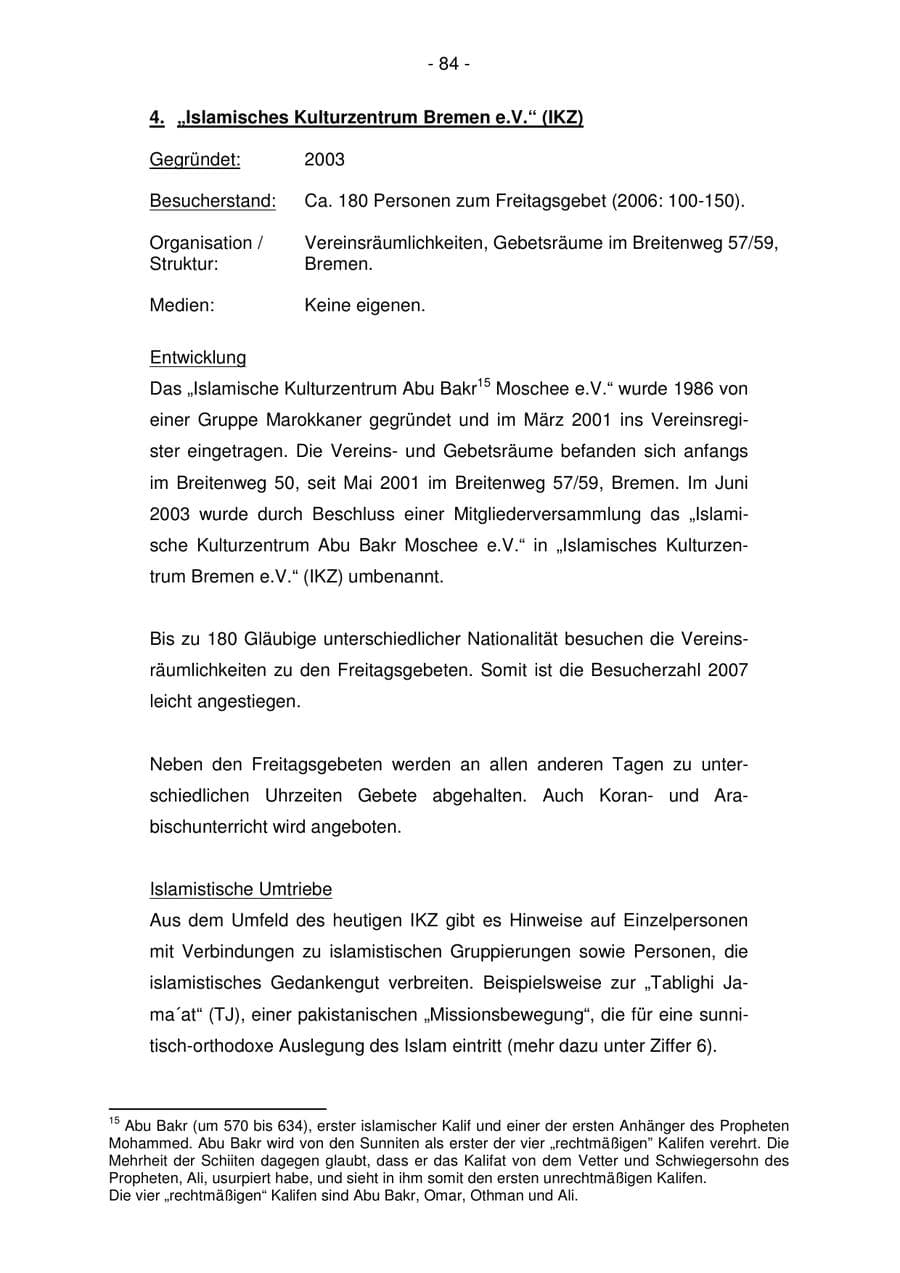 Seite 84 des Verfassungsschutzbericht 2007 Bremen
