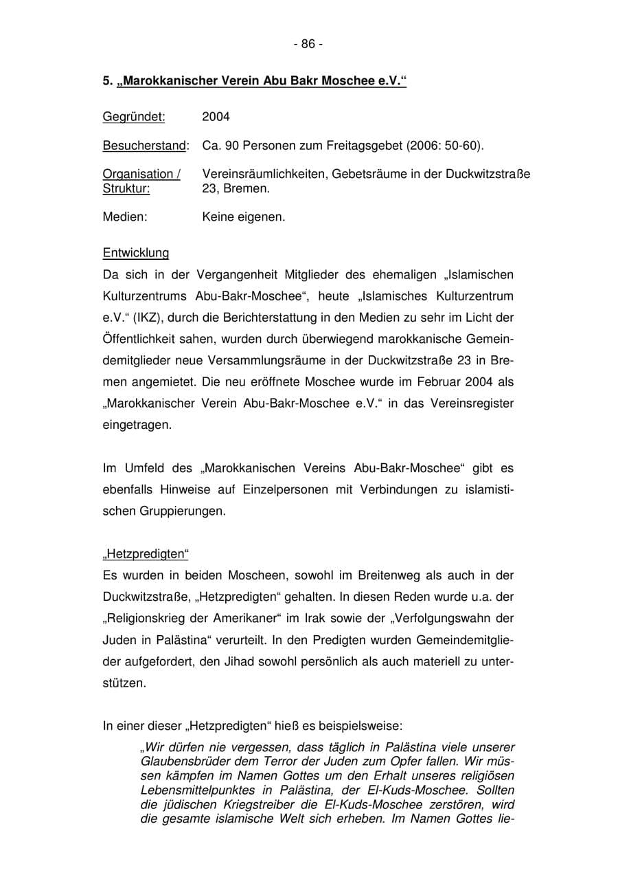 Seite 86 des Verfassungsschutzbericht 2007 Bremen