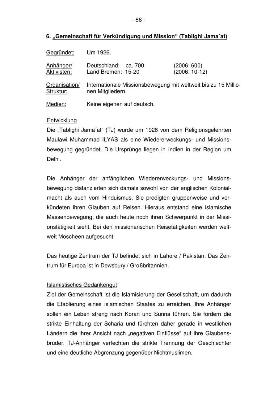 Seite 88 des Verfassungsschutzbericht 2007 Bremen