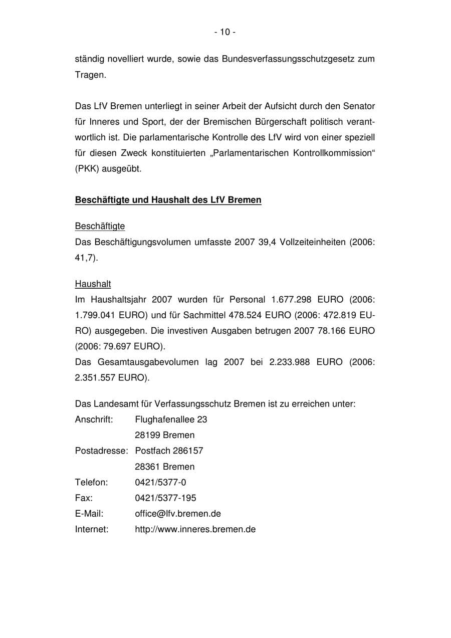 Seite 10 des Verfassungsschutzbericht 2007 Bremen