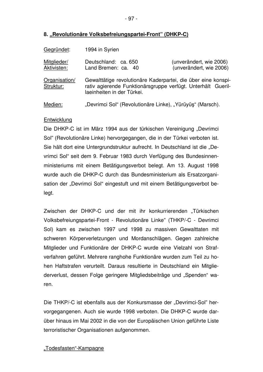 Seite 97 des Verfassungsschutzbericht 2007 Bremen